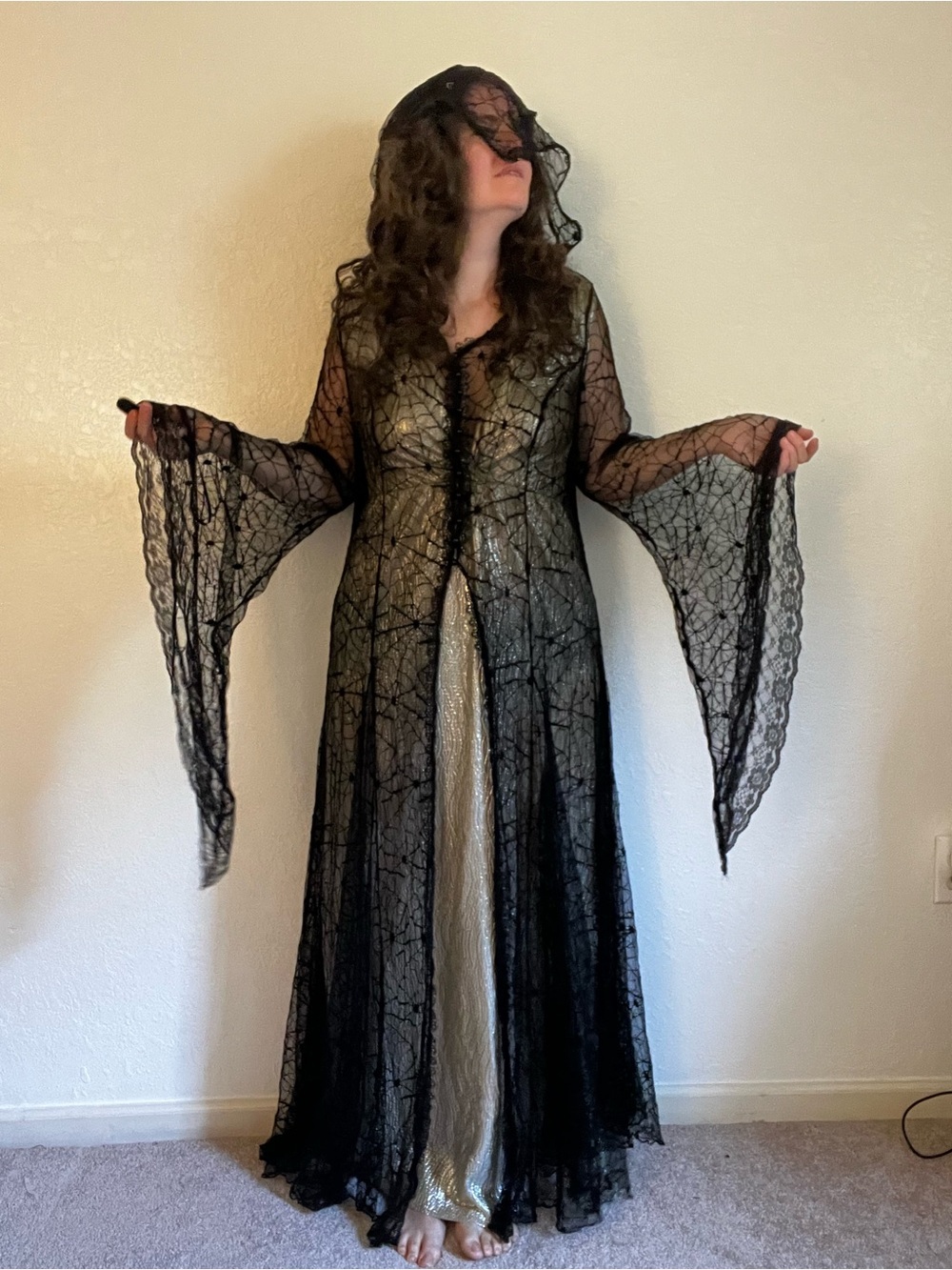 Soft Whimsigoth / Witchy Goddess Hooded Lace Duster Gown Flare Sleeve Cloak (3X) - Picture 8 of 13